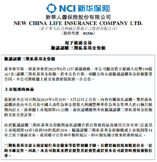 新华保险：拟出资不超过(🗺)150亿元认购三期私募基金份额